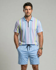 Men's Colorblock Striped Print Short Sleeve Shirt & Shorts Two-Piece Set