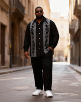 Big & Tall Men's Black And Gray Flame Pattern Stitching Printed Long Sleeve Shirt Trousers Set