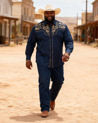 Big & Tall Men's Western Navy Floral Print Long Sleeve Shirt Trouser Set