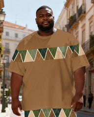 Big & Tall Men's Retro Brown Green Rhomboid Printed T-Shirt Pants Set