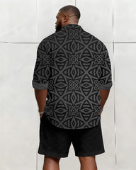 Big & Tall Men's Business Black Geometric Print Long Sleeve Shirt Shorts Set