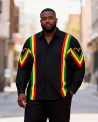 Big & Tall Men's Reggae Color Matching Love Striped Printed Long Sleeve Shirt Pants Set