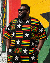 Big & Tall Men's Reggae Color Star Geometric Print Round Neck Short Sleeve T-Shirt Shorts Set