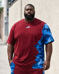 Big & Tall Men's Burgundy Blue Camouflage Stitching Flag Print Crew Neck Short Sleeve T-shirt Shorts Set