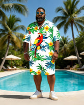 Big & Tall Men's Pink Green Parrot Coconut Tree Print Short Sleeve Shirt Shorts Set