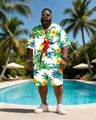 Big & Tall Men's Pink Green Parrot Coconut Tree Print Short Sleeve Shirt Shorts Set
