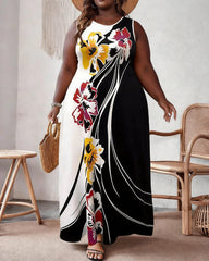 XL-5XL Plus Size Women's Bohemian Floral Sleeveless Long Dress