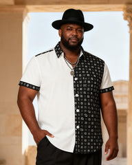 Big & Tall Men's Red And Black Ribbed Contrast Printed Short Sleeve Shirt Pants Set