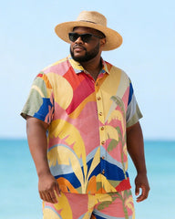 Big & Tall Men's Color Contrast Geometric Palm Leaf Print Short Sleeve Shirt Shorts Set