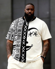 Big & Tall Men’s Patchwork Abstract Face Ethnic-Style Printed Crewneck Short-Sleeve T-Shirt And Shorts Set