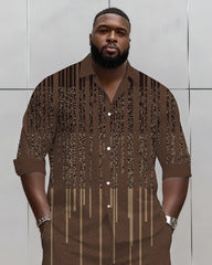 Big & Tall Men's Business Brown Geometric Stripe Print Long Sleeve Shirt Shorts Set