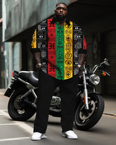 Big & Tall Men's Pan-African Three-Color Geometric Patchwork Printed Long-Sleeved Shirt Pants Set