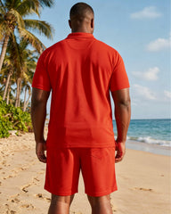 Big & Tall Men's Red Solid Color Casual Polo Shirt Short Sleeve Shorts Set