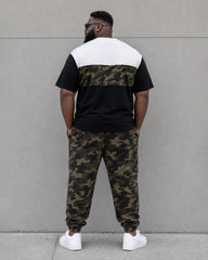 Big & Tall Men's Daily Leisure Travel Party Camouflage & Black & White Mosaic Army Green Short Sleeve T-shirt Sports Pants Set