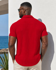 Fashionable Summer Multi-Color Choices – Men’s Stylish Striped Jacquard Textured Casual Beach Shirt With Short Sleeves