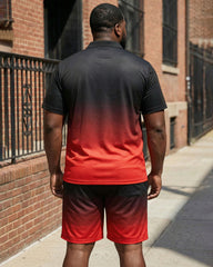 Big & Tall Men's Black & Red Gradient Chest "king" Crown Small Label Short Sleeve POLO Shirt Shorts Set