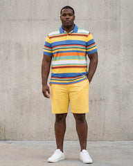 Big & Tall Men's Yellow Colorful Striped Business Polo Shirt Short Sleeve Shorts Set