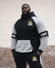 Large Size Men's Autumn And Winter Warm Cold-proof Gentleman Black & Grey King Crown Logo Printed Hoodie Sweatpants Set