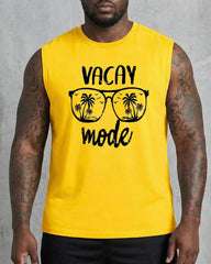 Hawaii Holiday Casual Yellow & Black Simple Printed Vest Shorts Set Large Size Men