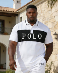 White Simple Chest Printed Polo Shirt Short Sleeve Pants Set Large Size Men