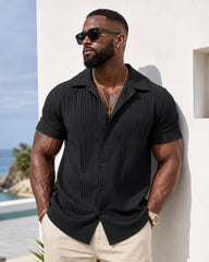 Fashionable Summer Multi-Color Choices – Men’s Stylish Striped Jacquard Textured Casual Beach Shirt With Short Sleeves
