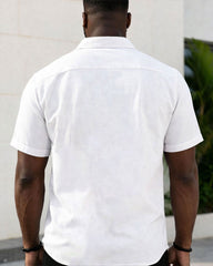Big & Tall Men's Details Page Holiday Leisure Travel Party White Coconut Silhouette Print Short Sleeve Cardigan Shirt