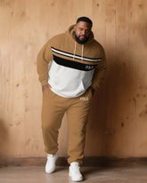 Large Size Men's Autumn And Winter Warm Cold-proof Khaki & White & Black Color Sleeves Chest Small Label Printed Hoodie Sweatpants Set