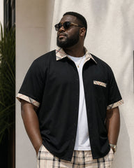 Big & Tall Men's Khaki & Black Contrast Plaid Design Short Sleeve Button Test Shorts Set