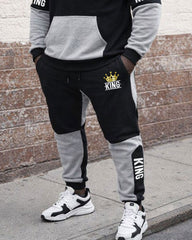 Large Size Men's Autumn And Winter Warm Cold-proof Gentleman Black & Grey King Crown Logo Printed Hoodie Sweatpants Set