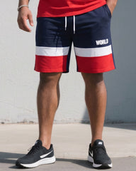 Big & Tall Men’s Royal Blue, White, And Black Patchwork Contrasting Color Chest “World” Slogan Printed T-Shirt And Shorts Set
