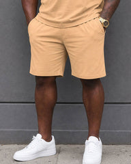 Big & Tall Men's Daily Travel Orange Neck Features Plaid Contrast Stitching POLO Shirt Short Sleeve Shorts Set