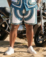 Big & Tall Men's Hawaiian Holiday Light Luxury Baroque Blue & White Short Sleeve Cardigan Shirt Shorts Set