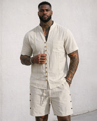 Men's Linen Solid Color Breathable Eco-Friendly Comfortable Retro Casual Button V-Neck Cardigan Short Sleeve Shirt Shorts Set