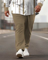 Big & Tall Men's Business Brown Striped Print Long Sleeve Shirt Pants Set