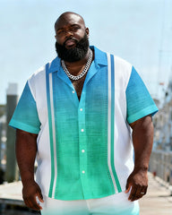 Big & Tall Men's Blue And White Gradient Striped Printed Short Sleeve Shirt Shorts Set