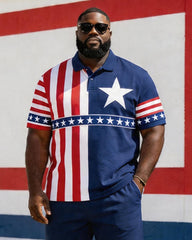 Big & Tall Men's American Flag Stars And Stripes Colorblock Printed POLO Short Sleeve Shorts Set