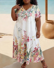 Women's XL-5XL Plus Size V-Neck Short-Sleeve Long Dress