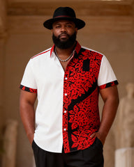 Big & Tall Men's Red And Black Ribbed Contrast Printed Short Sleeve Shirt Pants Set