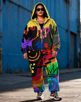 Women's Plus Size Graffiti Love Expression Print Cardigan Hoodie Set