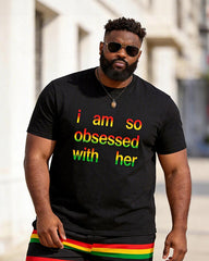 Big & Tall Men's "I Am So Obsessed With Her" Reggae Striped Printed Crew Neck Short Sleeve T-shirt Shorts Set