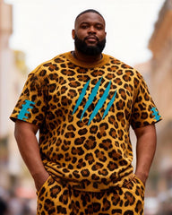 Big & Tall Men's Leopard Print Short Paw Print Round Neck Short Sleeve T-Shirt Shorts Set