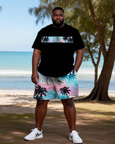 Big & Tall Men's Black Powder Gradient Coconut Printed Round Neck Short Sleeve T-shirt Shorts Set