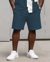 Big & Tall Men's Business Blue Geometric Print Long Sleeve Shirt Shorts Set