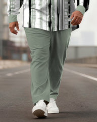 Big & Tall Men's Business Green Striped Print Long Sleeve Shirt Pants Set