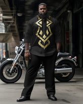 Big & Tall Men's Black Gold Geometric Totem Print Long Sleeve Shirt Pants Set