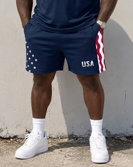 Big & Tall Men’s Striped USA Letter-Print Polo Shirt And Shorts Set