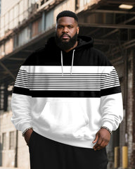 Big & Tall Men's Black And White Stripe Patchwork Printed Hoodie Set
