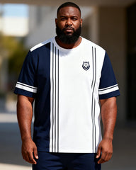 Big & Tall Men's Tibetan White Contrast Wolf Head Printed Crew Neck Short Sleeve T-shirt Shorts Set