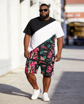 Big & Tall Men's Black And White Oblique Floral Printed Round Neck Short Sleeve T-shirt Shorts Set