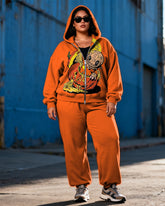 Women's Plus Size Halloween Pumpkin Graffiti Print Cardigan Hoodie Set